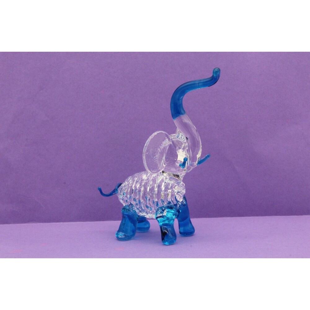 Elephant Miniature Spun Glass Blue Accents Vintage 3 inch tall